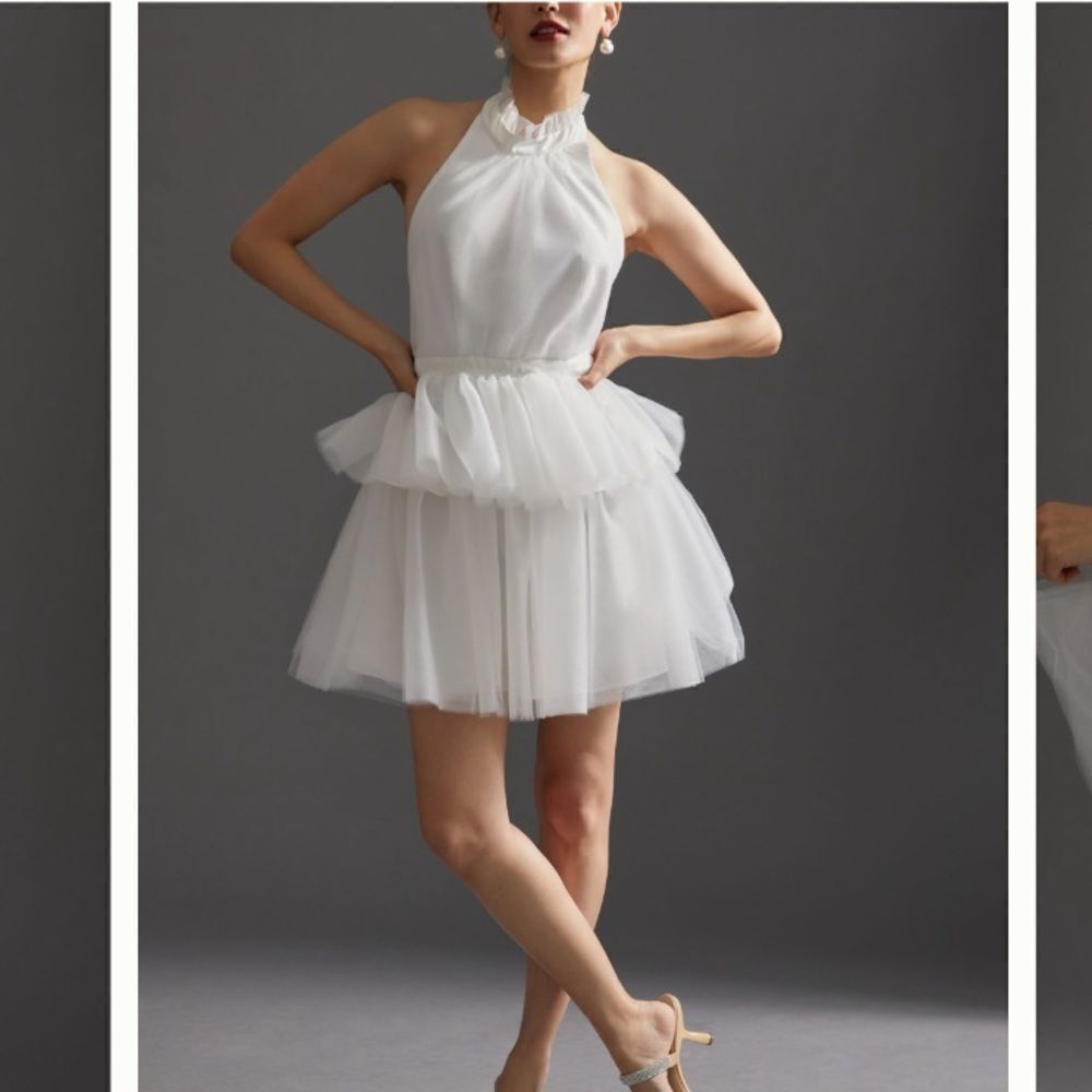 Hutch White Halter Mini Tulle Ruffle Dress